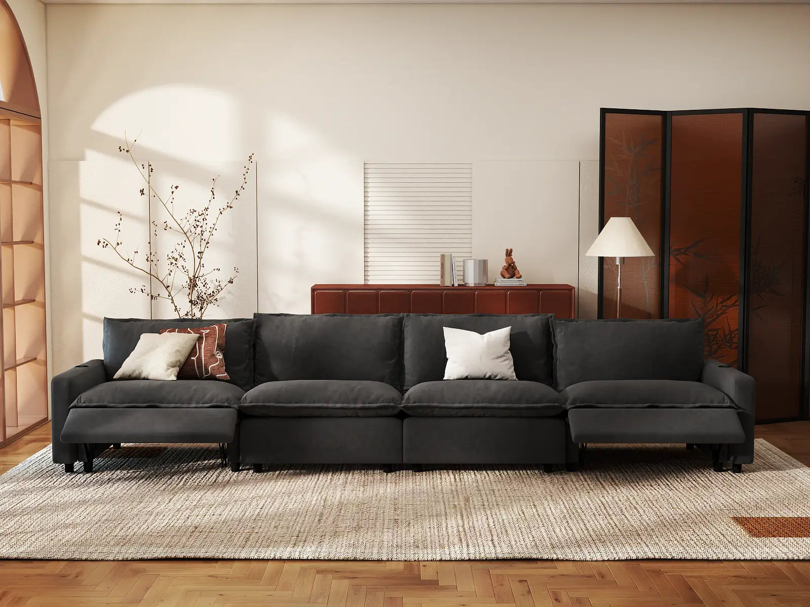 Modular Cero Large Sectional Couch with Recliner | 4-Piece Grey Linen Home Living Couch Sectionals 4-Seater