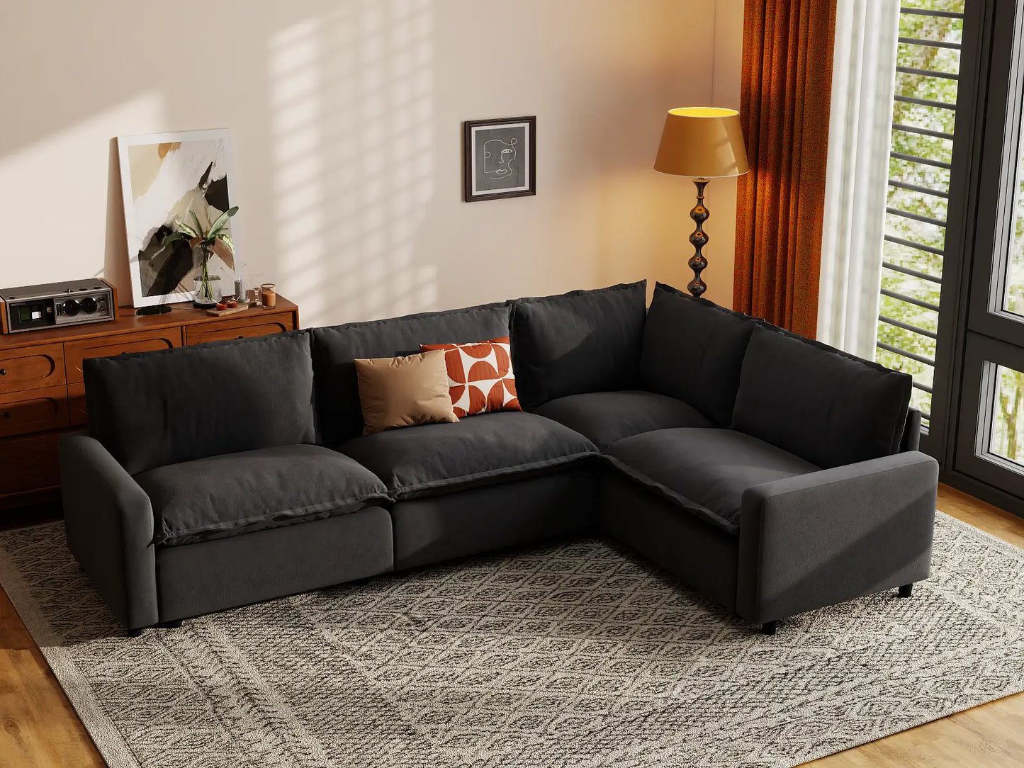 Modular Cero Sectional Modular Couch | 4-Piece Grey Linen Home Living L-Shaped Sectionals 4-Seater