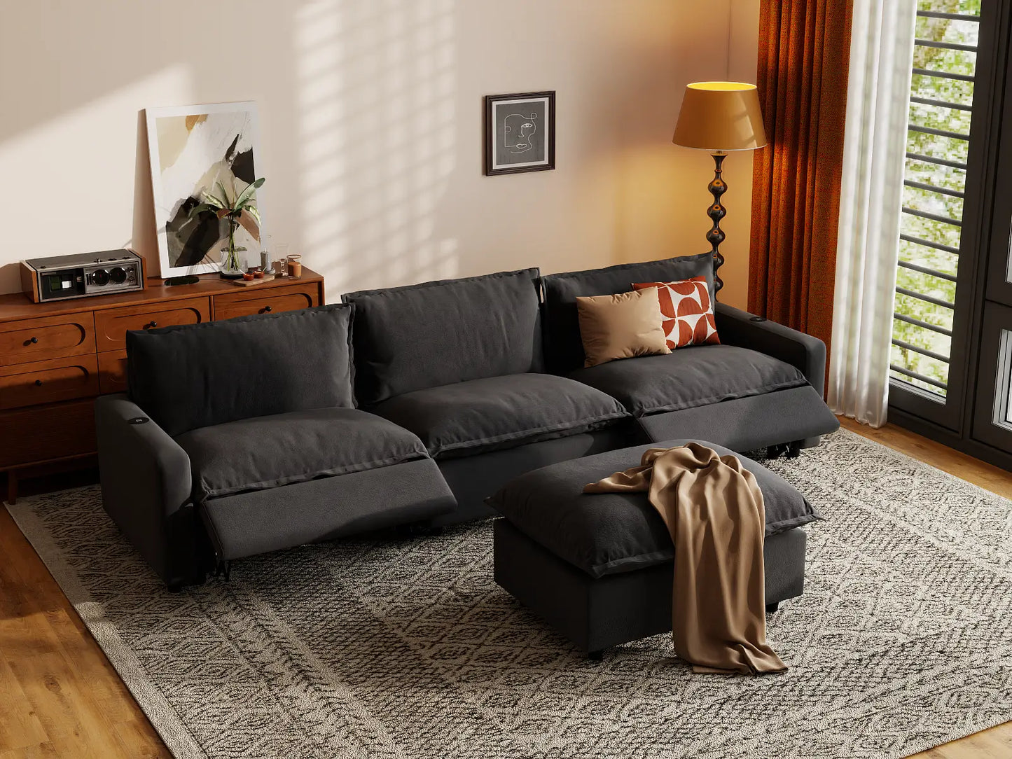 Modular Cero Reclining Sectionals | 4-Piece Grey Linen Large Space Chaise Sectionals 3-Seater with 1-Ottoman