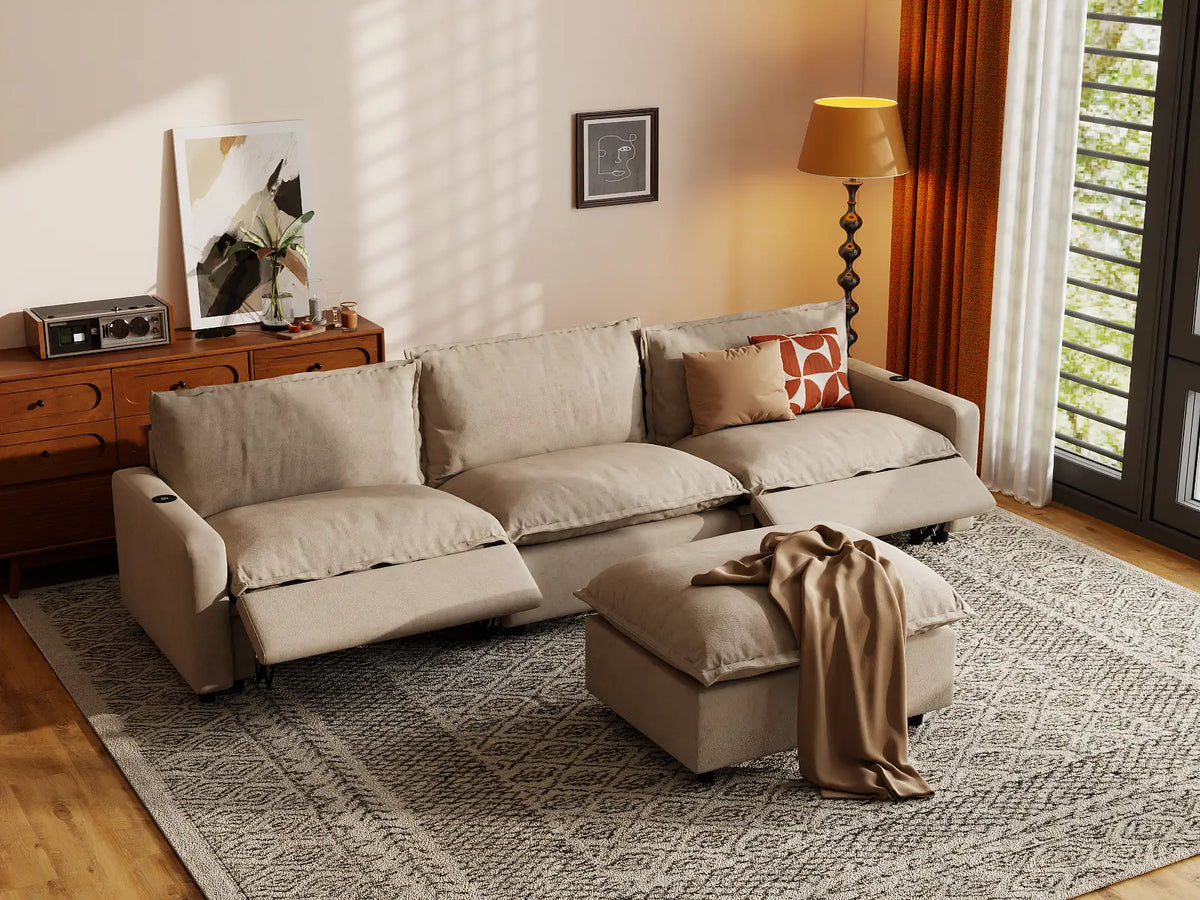 Modular Cero Reclining Sectionals | 4-Piece Khaki Linen Home Living Chaise Sectionals 3-Seater with 1-Ottoman