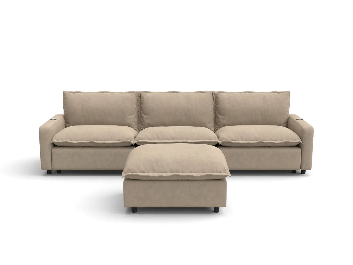 Modular Cero Reclining Sectionals | 4-Piece Khaki Linen Home Living Chaise Sectionals 3-Seater with 1-Ottoman