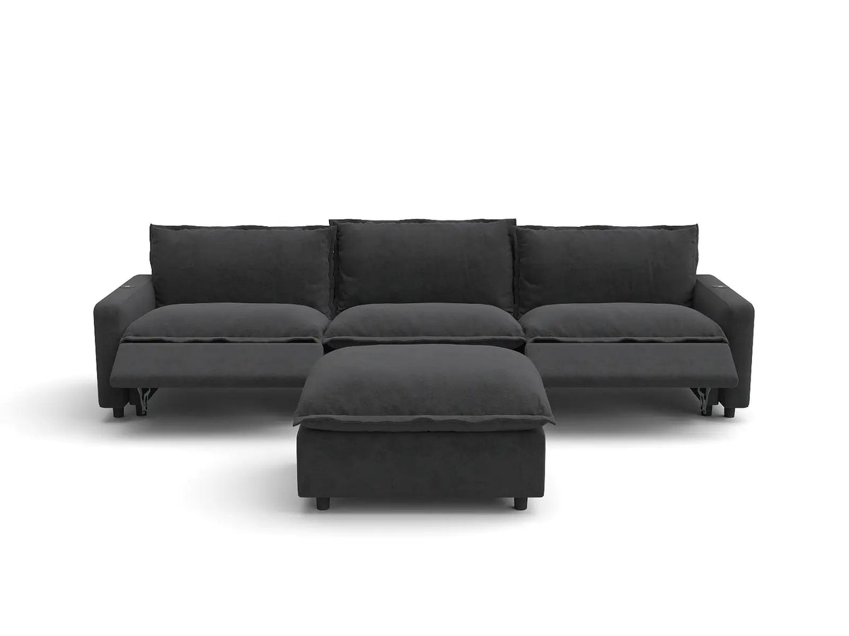 Modular Cero Reclining Sectionals | 4-Piece Grey Linen Large Space Chaise Sectionals 3-Seater with 1-Ottoman