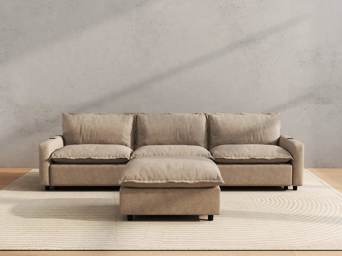 Modular Cero Reclining Sectionals | 4-Piece Khaki Linen Home Living Chaise Sectionals 3-Seater with 1-Ottoman