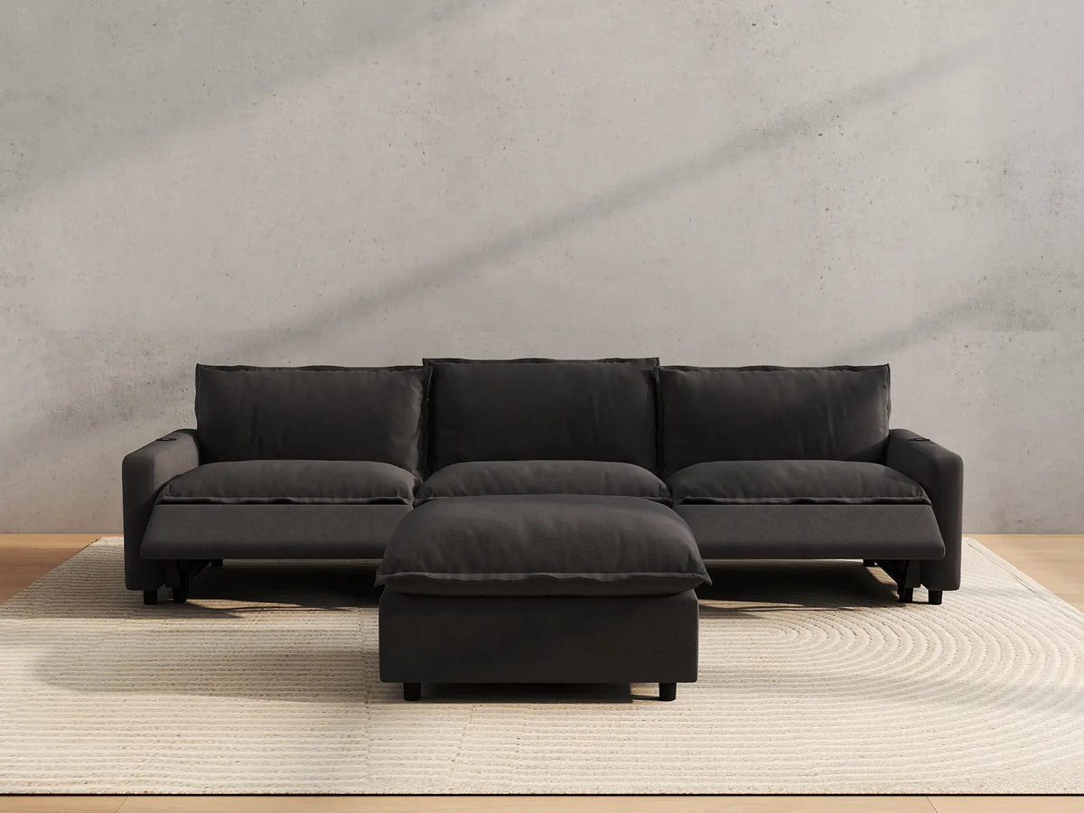 Modular Cero Reclining Sectionals | 4-Piece Grey Linen Large Space Chaise Sectionals 3-Seater with 1-Ottoman