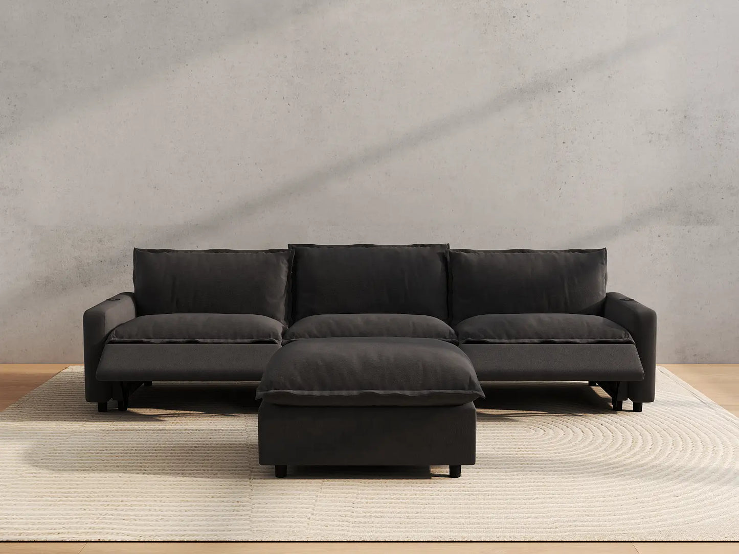 Modular Cero Reclining Sectionals | 4-Piece Grey Linen Large Space Chaise Sectionals 3-Seater with 1-Ottoman