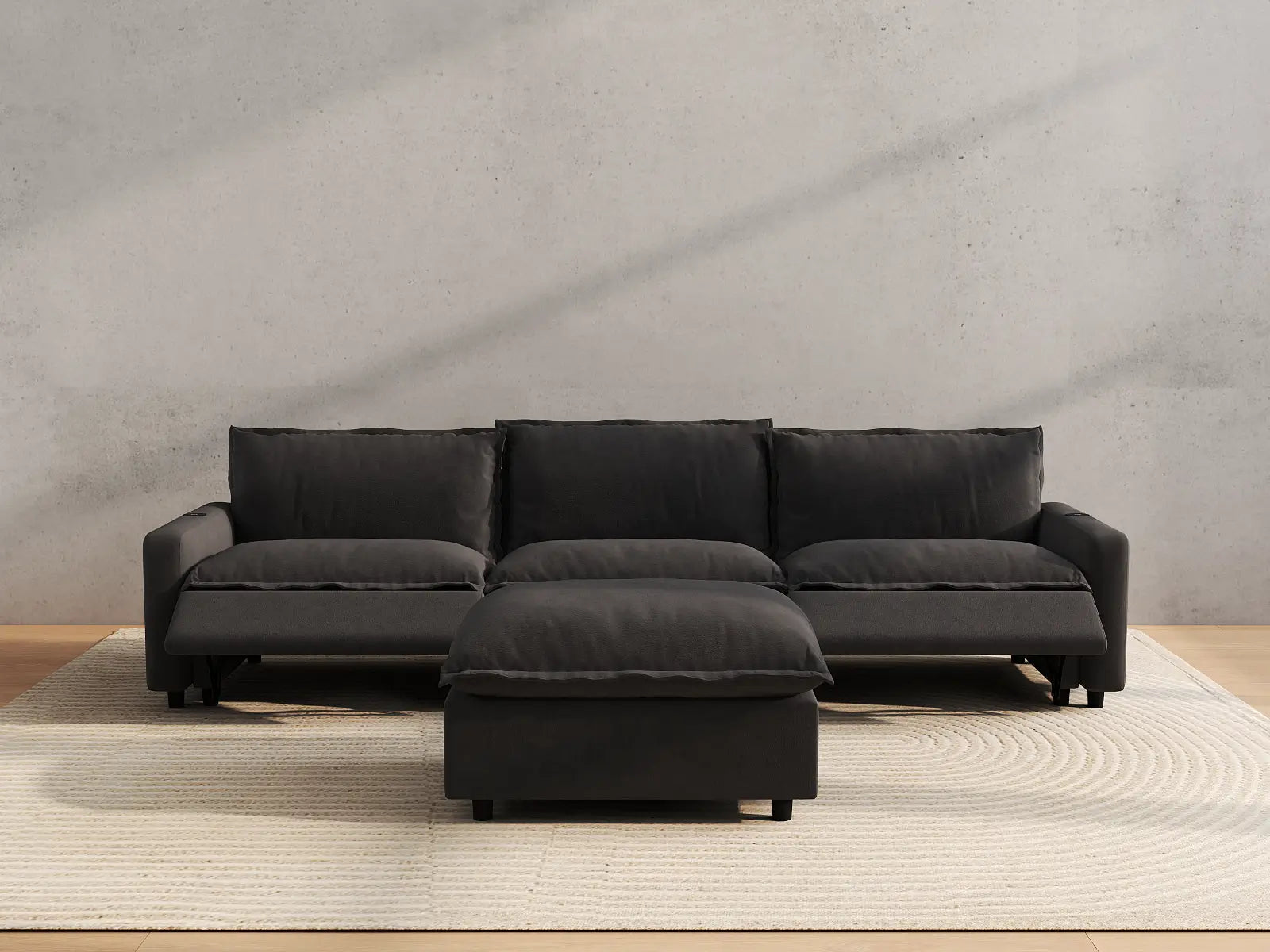 Modular Cero Reclining Sectional Sofa with Chaise | 4-Piece Grey Linen Large Space Chaise Sectionals 3-Seater with 1-Ottoman