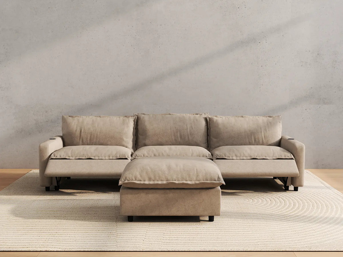 Modular Cero Reclining Sectionals | 4-Piece Khaki Linen Home Living Chaise Sectionals 3-Seater with 1-Ottoman