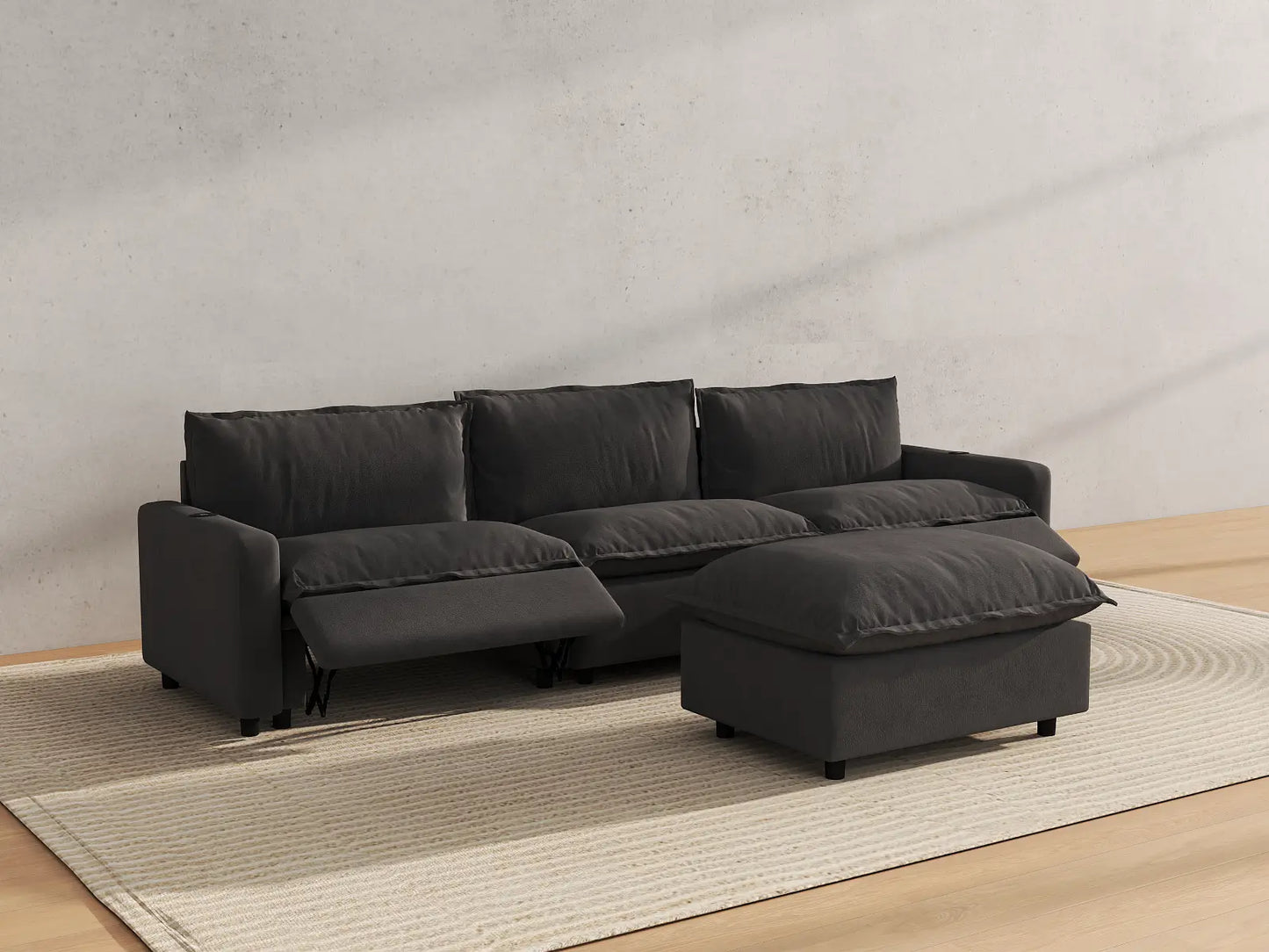 Modular Cero Reclining Sectionals | 4-Piece Grey Linen Large Space Chaise Sectionals 3-Seater with 1-Ottoman