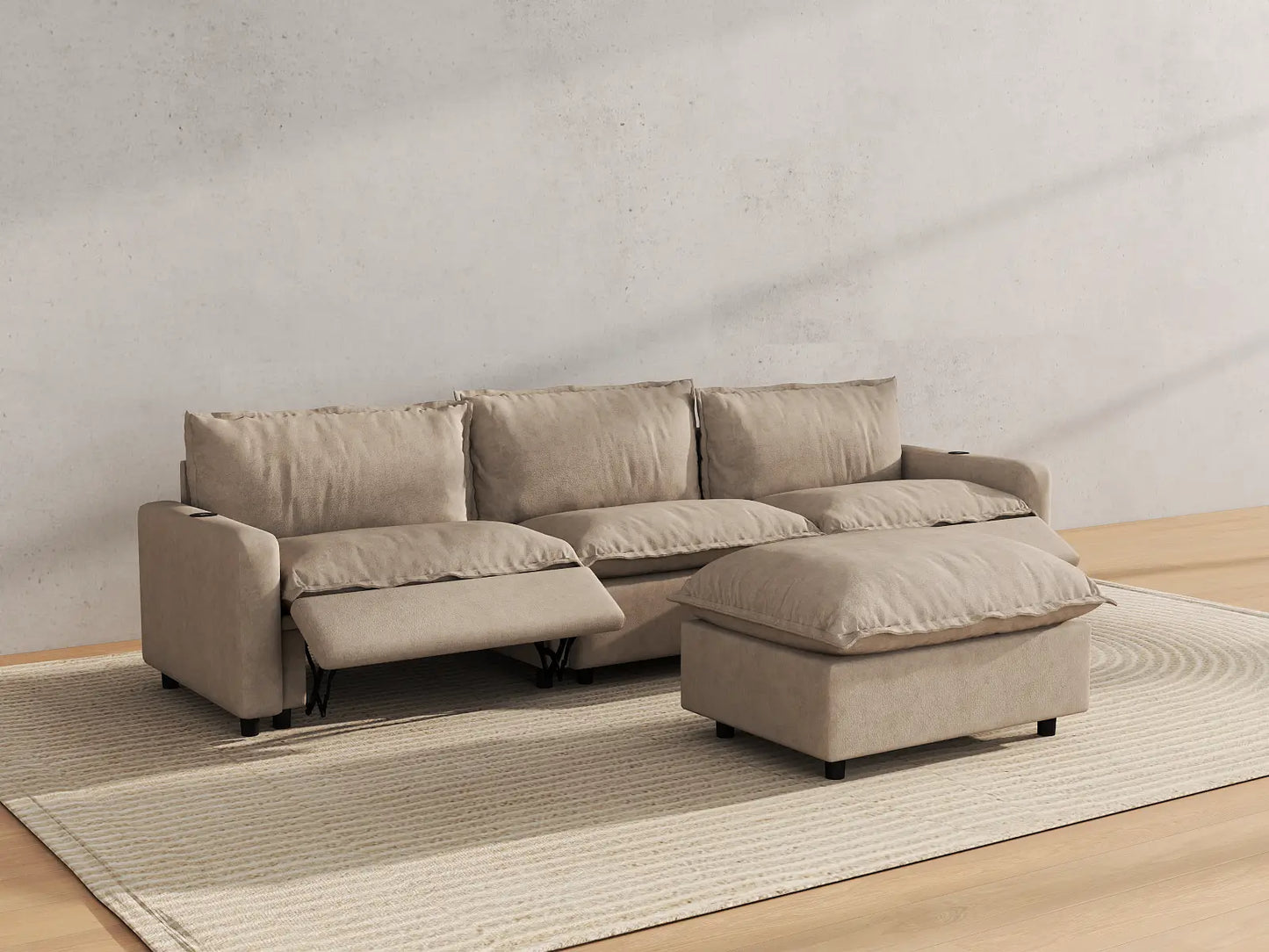 Modular Cero Reclining Sectionals | 4-Piece Khaki Linen Home Living Chaise Sectionals 3-Seater with 1-Ottoman
