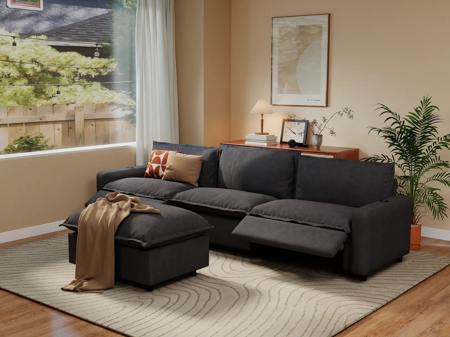 Modular Cero Reclining Sectionals | 4-Piece Grey Linen Large Space Chaise Sectionals 3-Seater with 1-Ottoman