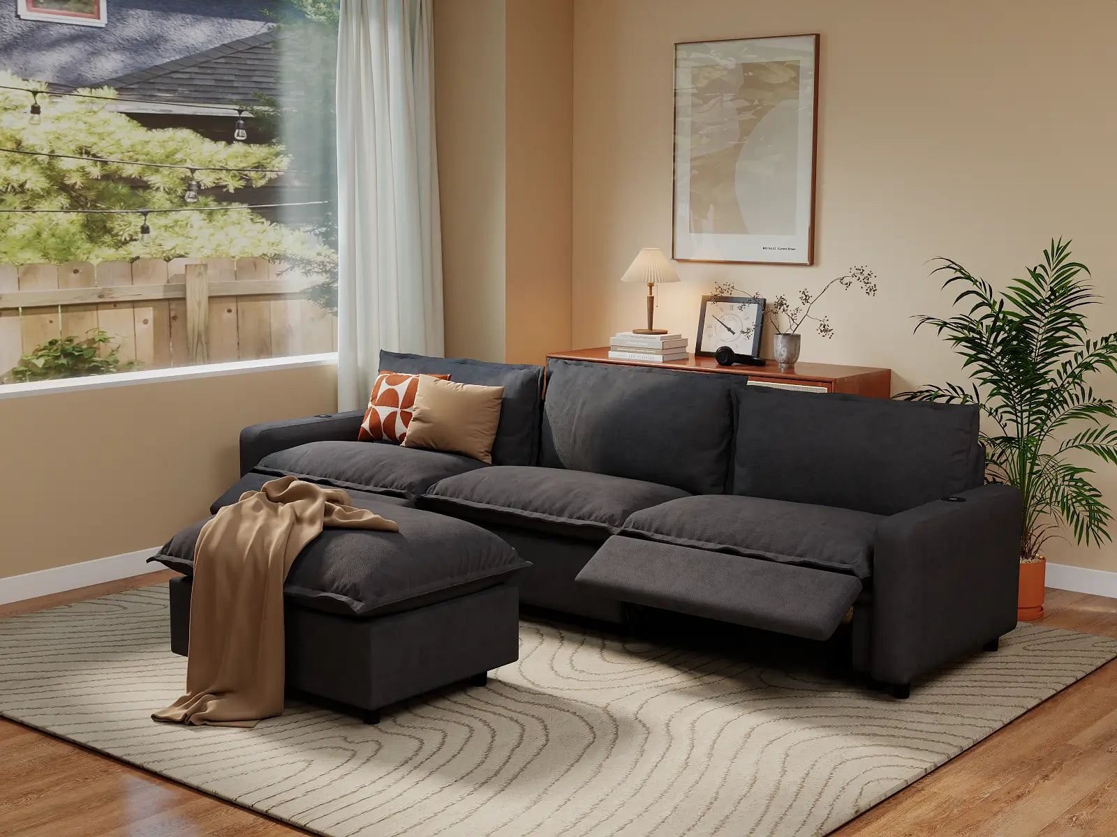 Modular Cero Reclining Sectional Sofa with Chaise | 4-Piece Grey Linen Large Space Chaise Sectionals 3-Seater with 1-Ottoman