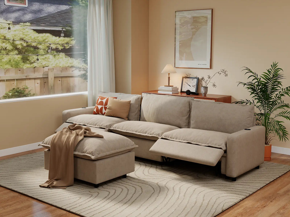 Modular Cero Reclining Sectionals | 4-Piece Khaki Linen Home Living Chaise Sectionals 3-Seater with 1-Ottoman