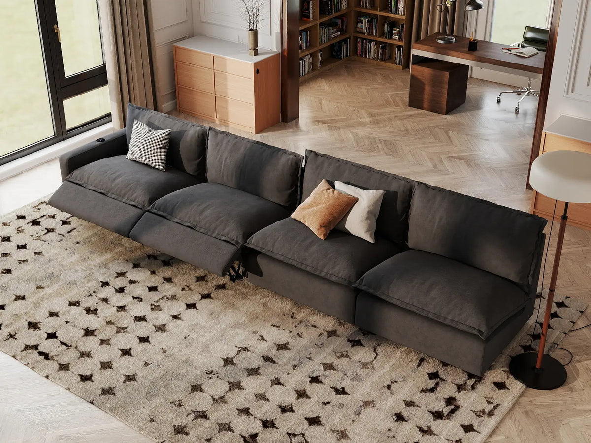 Modular Cero Reclining Sectionals | 4-Piece Grey Linen Large Space Couch Sectionals 4-Seater