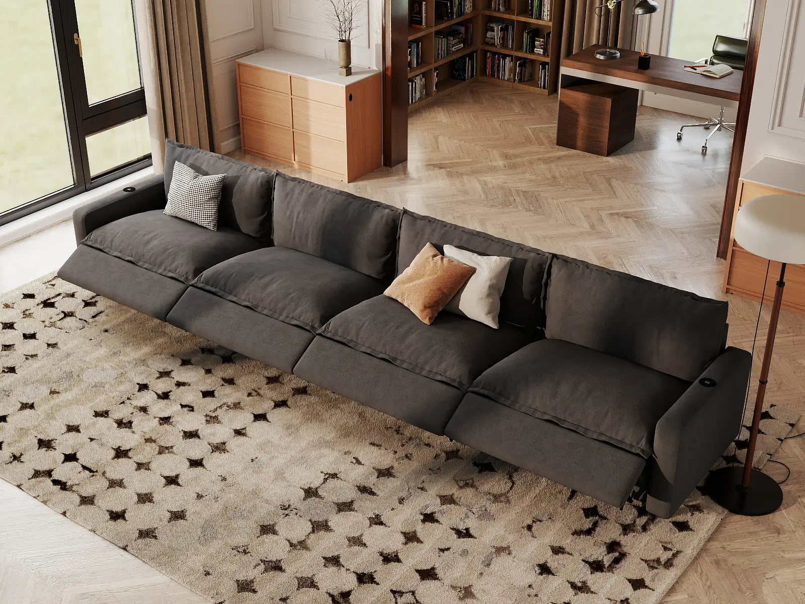 Modular Cero Reclining Sectionals | 4-Piece Grey Linen Large Space Couch Sectionals 4-Seater