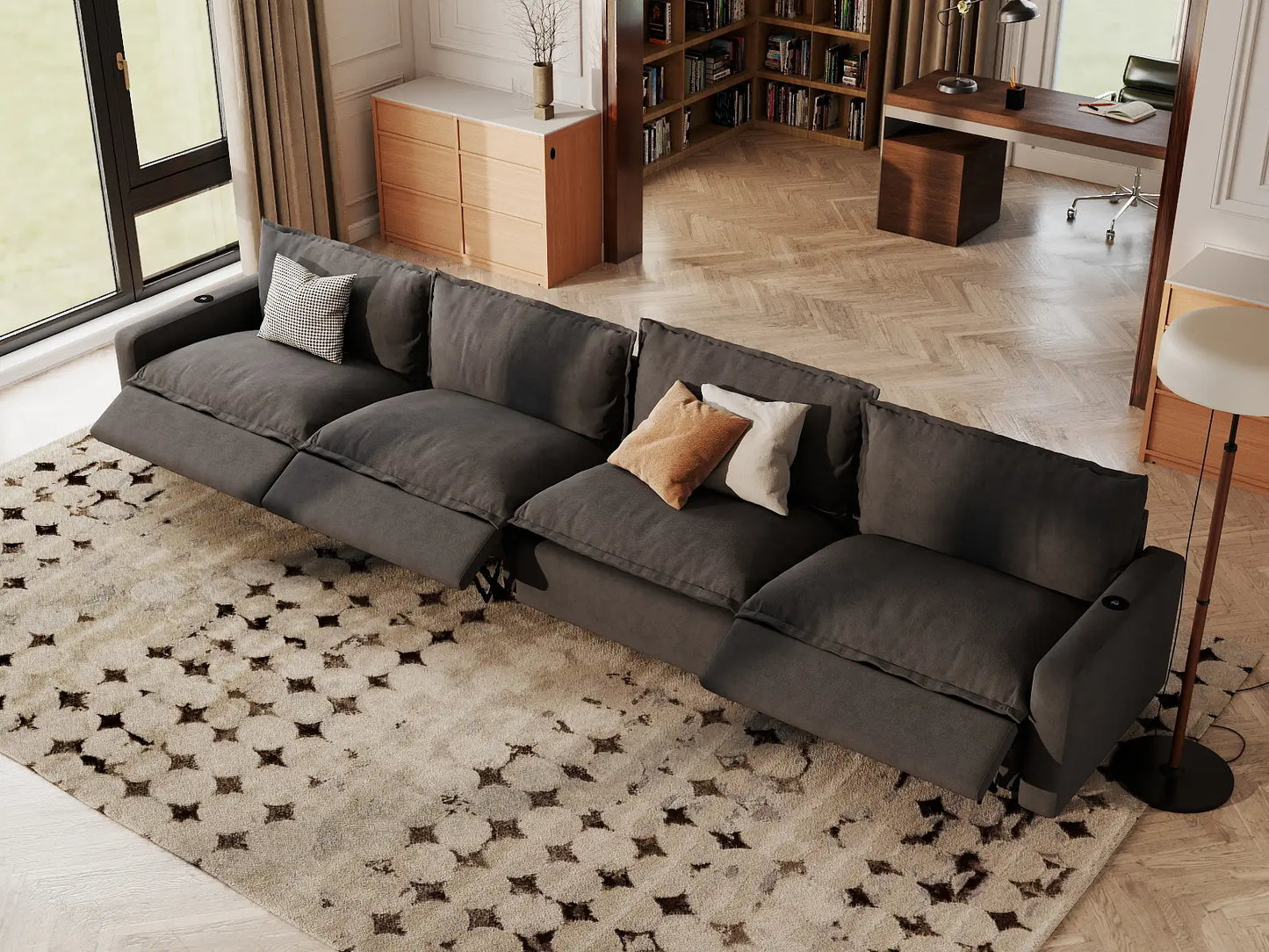 Modular Cero Reclining Sectionals | 4-Piece Grey Linen Large Space Couch Sectionals 4-Seater