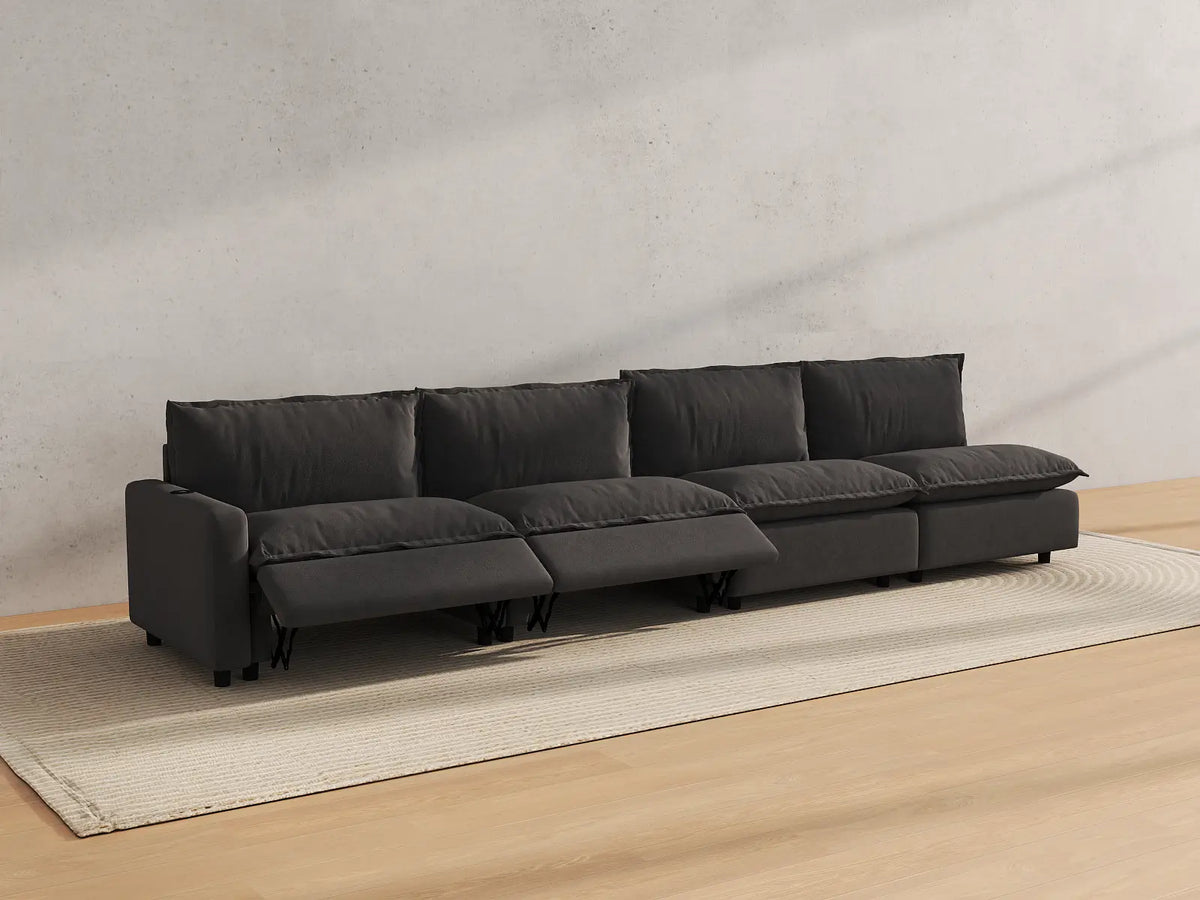Modular Cero Reclining Sectionals | 4-Piece Grey Linen Large Space Couch Sectionals 4-Seater