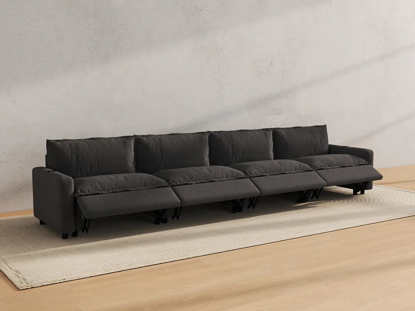 Modular Cero Reclining Sectionals | 4-Piece Grey Linen Large Space Couch Sectionals 4-Seater