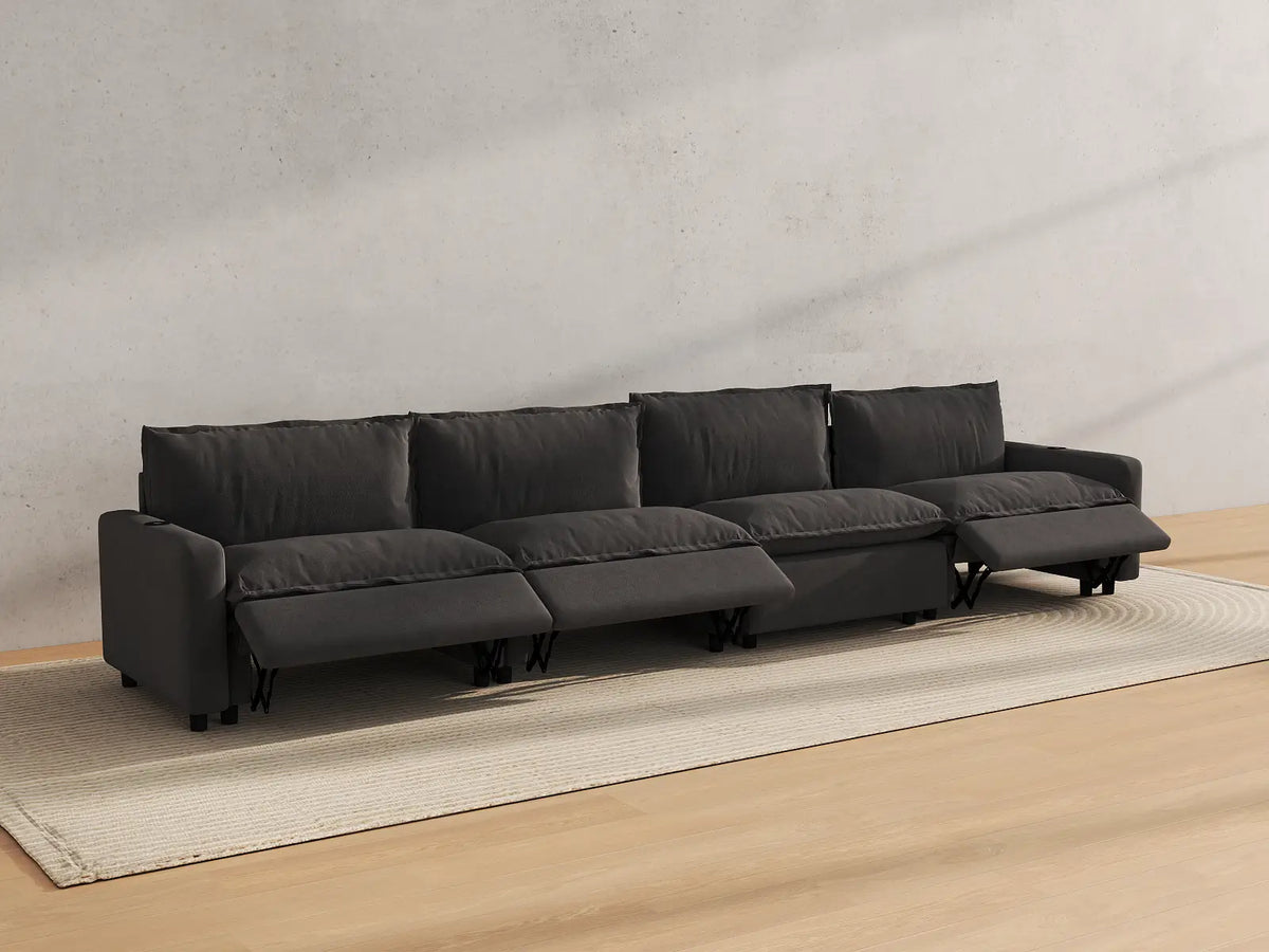 Modular Cero Reclining Sectionals | 4-Piece Grey Linen Large Space Couch Sectionals 4-Seater