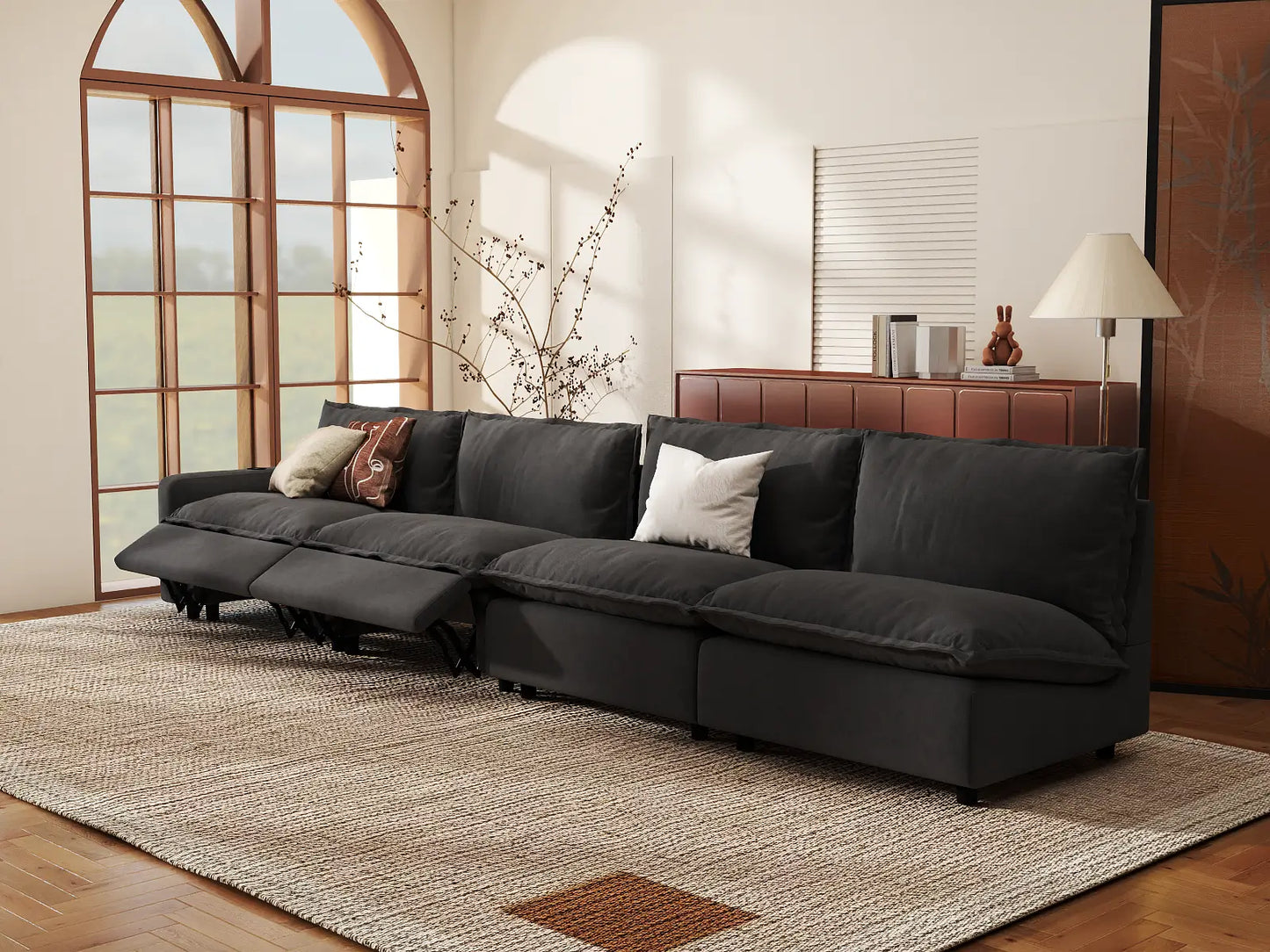 Modular Cero Reclining Sectionals | 4-Piece Grey Linen Large Space Couch Sectionals 4-Seater