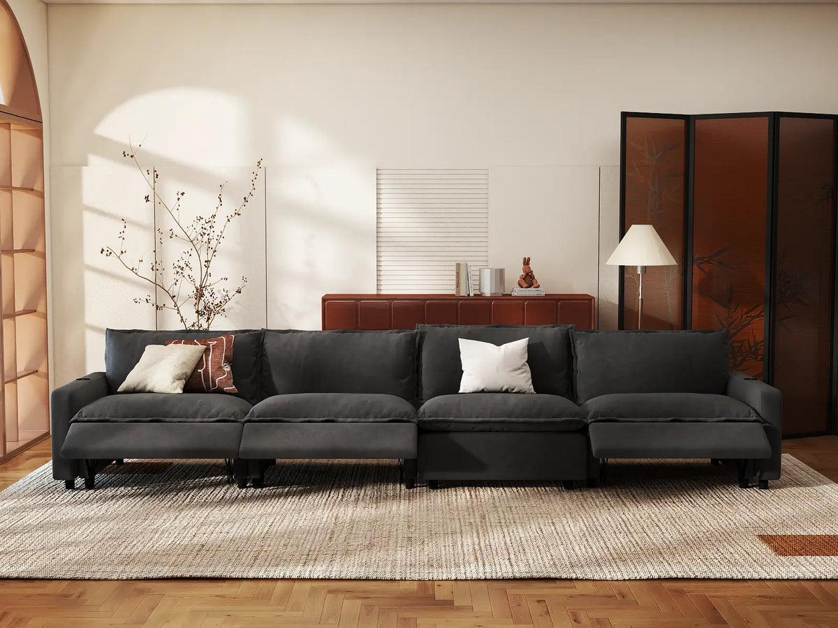 Modular Cero Reclining Sectionals | 4-Piece Grey Linen Large Space Couch Sectionals 4-Seater