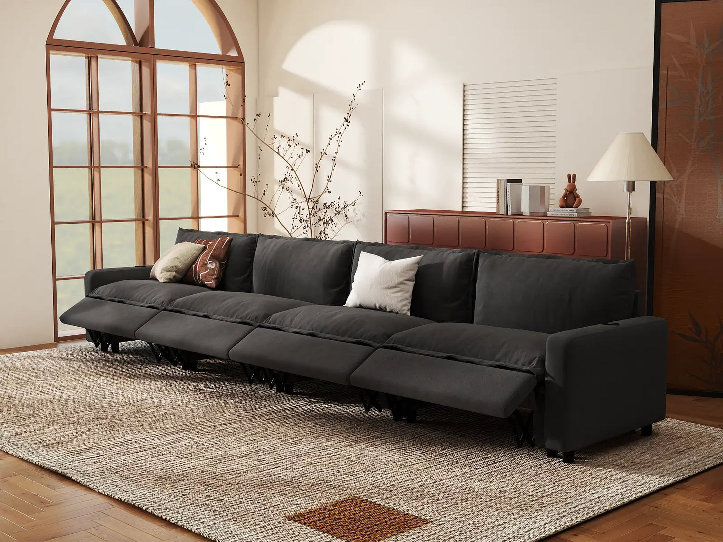 Modular Cero Reclining Sectionals | 4-Piece Grey Linen Large Space Couch Sectionals 4-Seater