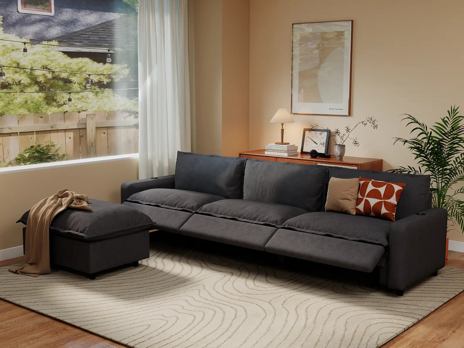 Modular Cero Reclining Sectionals | 4-Piece Grey Linen Large Space L-Shaped Sectionals 3-Seater with 1-Ottoman