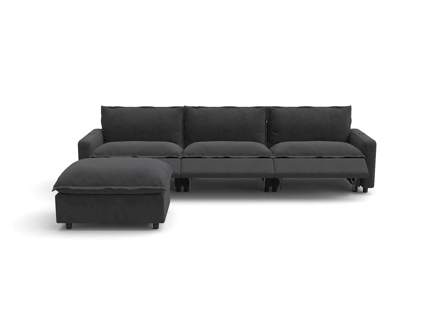 Modular Cero Reclining Sectionals | 4-Piece Grey Linen Large Space L-Shaped Sectionals 3-Seater with 1-Ottoman