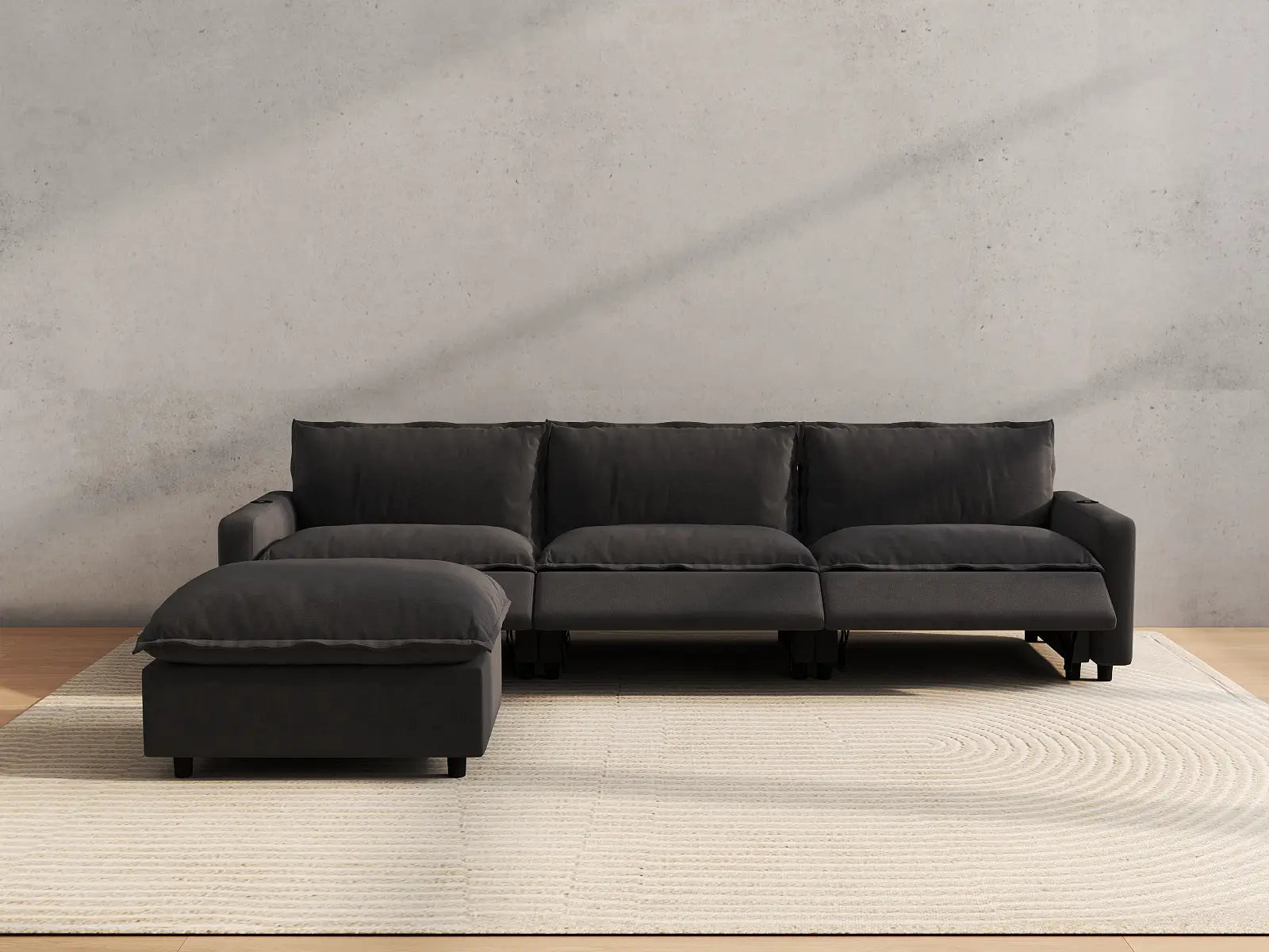 Modular Cero Reclining Sectionals | 4-Piece Grey Linen Large Space L-Shaped Sectionals 3-Seater with 1-Ottoman