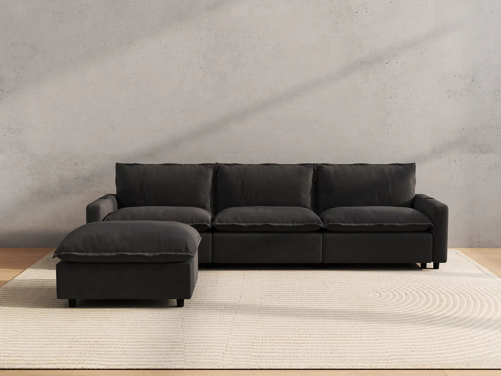 Modular Cero Reclining Sectionals | 4-Piece Grey Linen Large Space L-Shaped Sectionals 3-Seater with 1-Ottoman