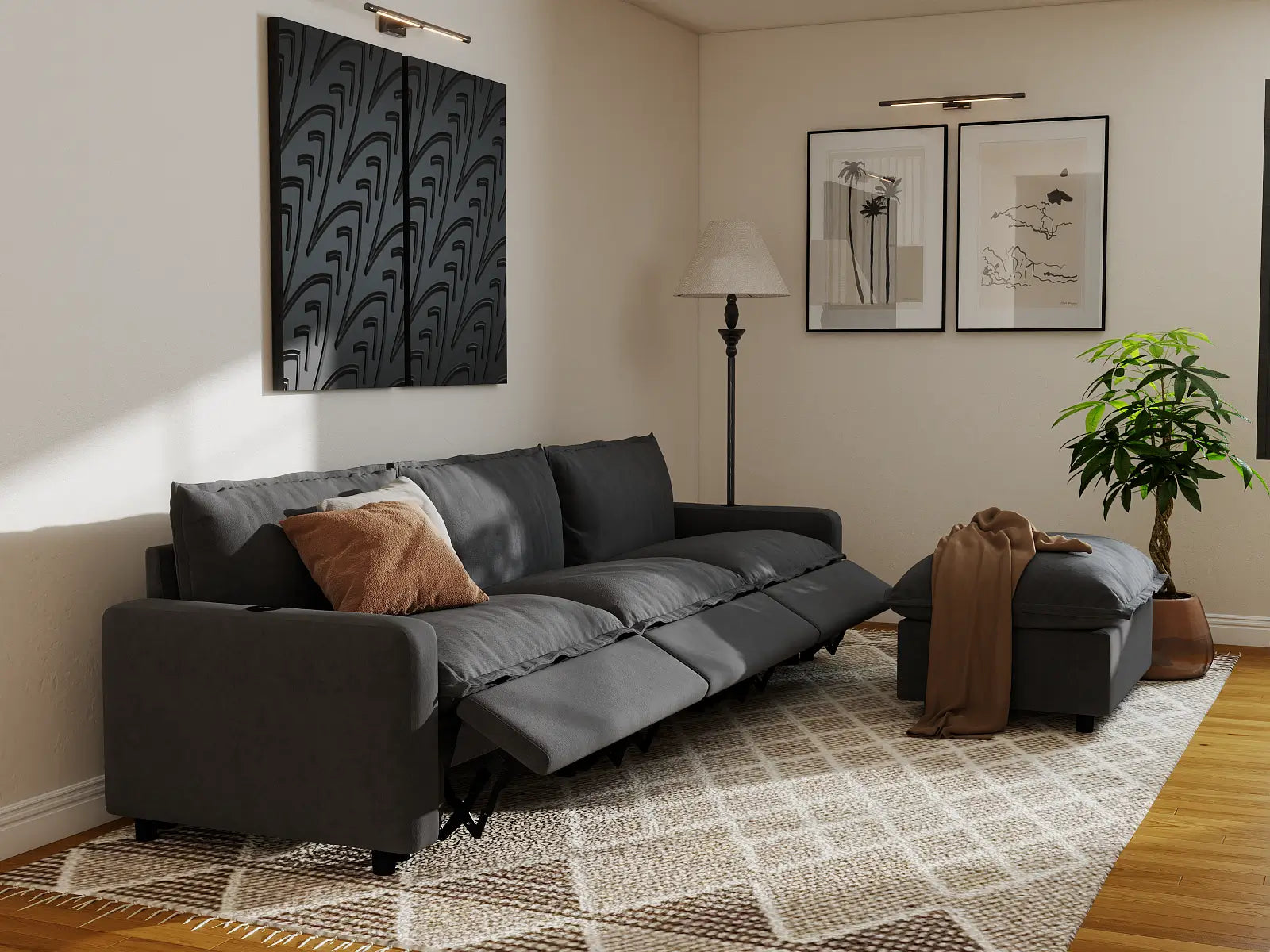Modular Cero Reclining Sectionals | 4-Piece Grey Linen Large Space L-Shaped Sectionals 3-Seater with 1-Ottoman