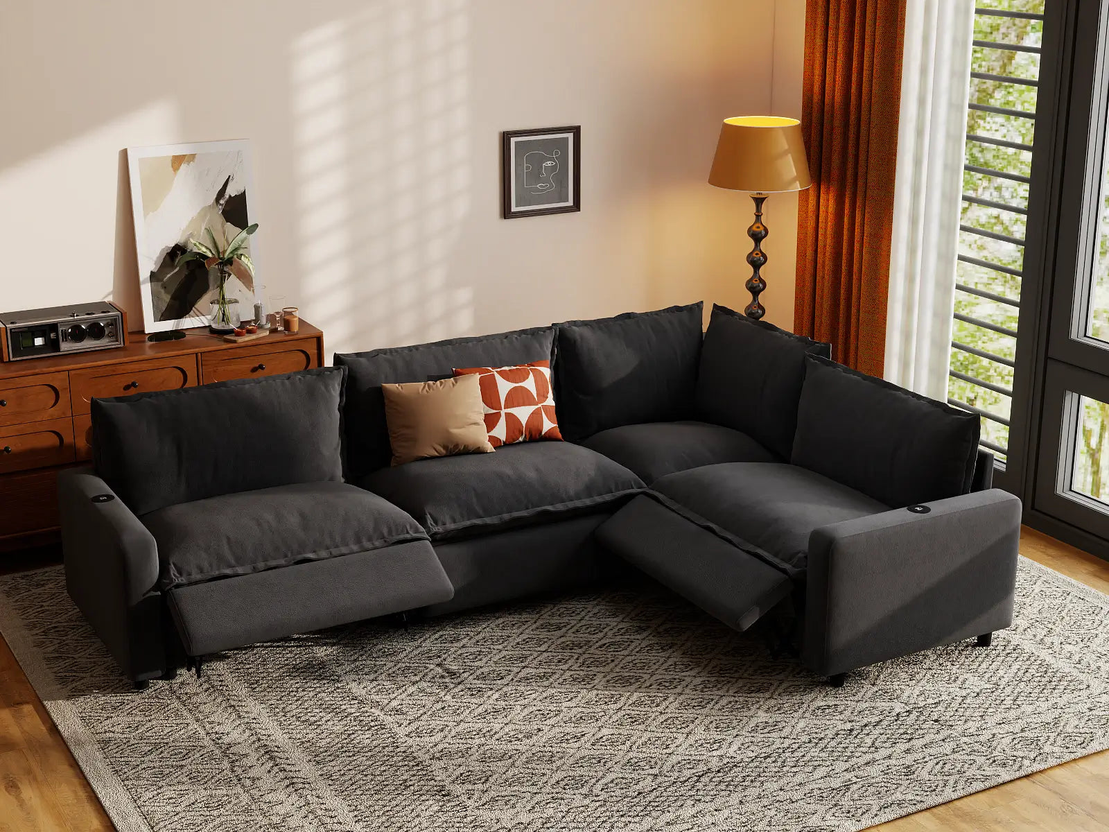 Modular Cero Reclining Sectionals | 4-Piece Grey Linen Large Space L-Shaped Sectionals 4-Seater