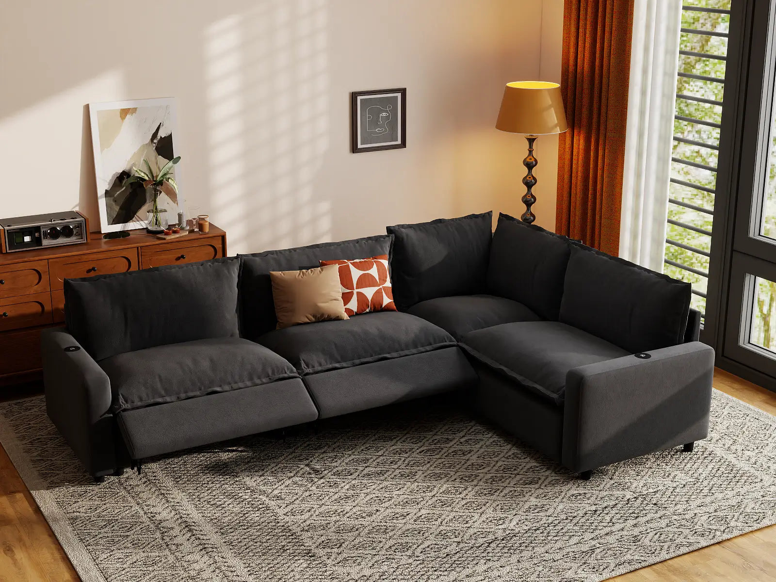 Modular Cero Reclining Sectionals | 4-Piece Grey Linen Large Space L-Shaped Sectionals 4-Seater