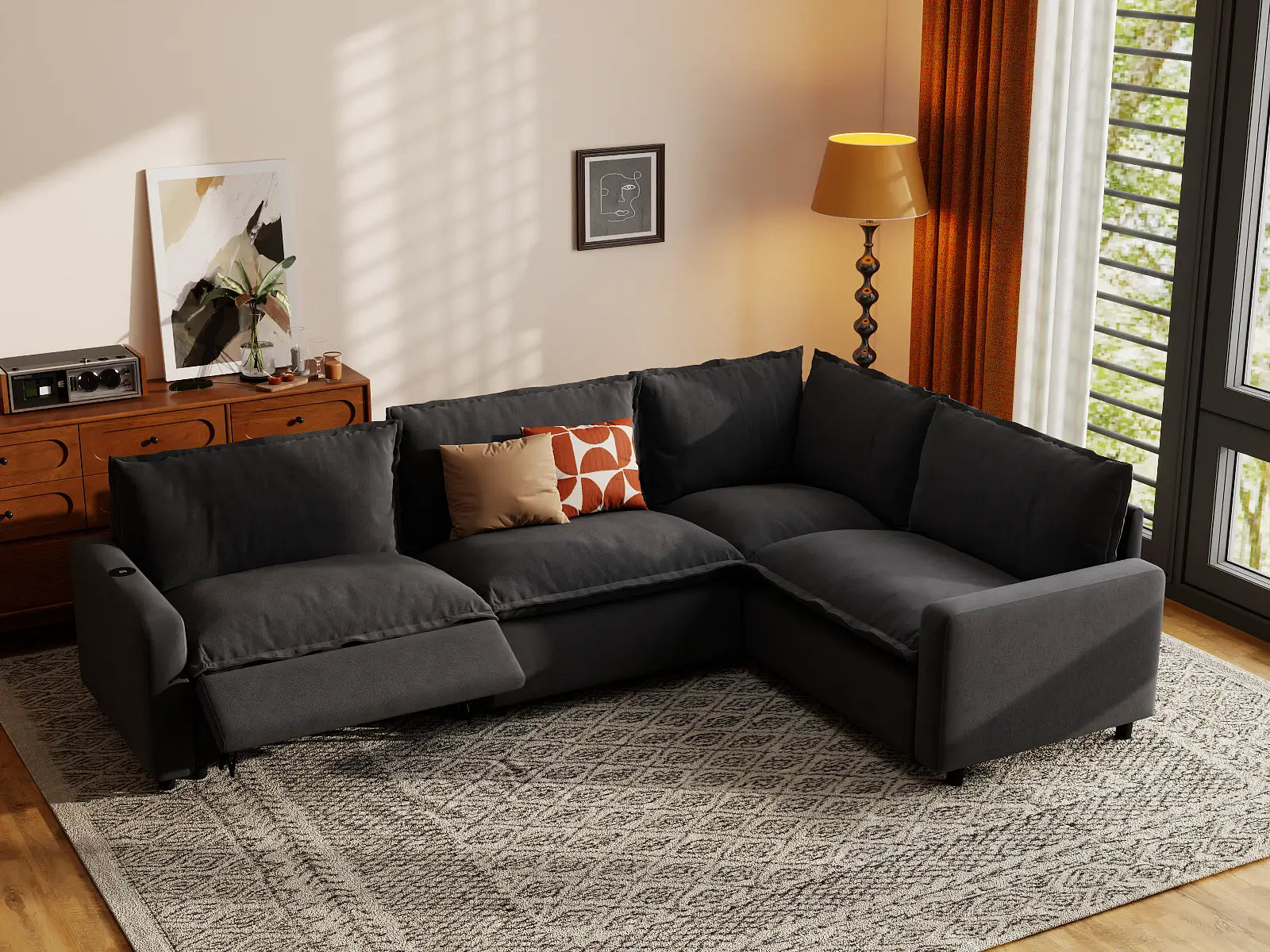 Modular Cero Reclining L Shaped Sectional | 4-Piece Grey Linen Large Space L-Shaped Sectionals 4-Seater