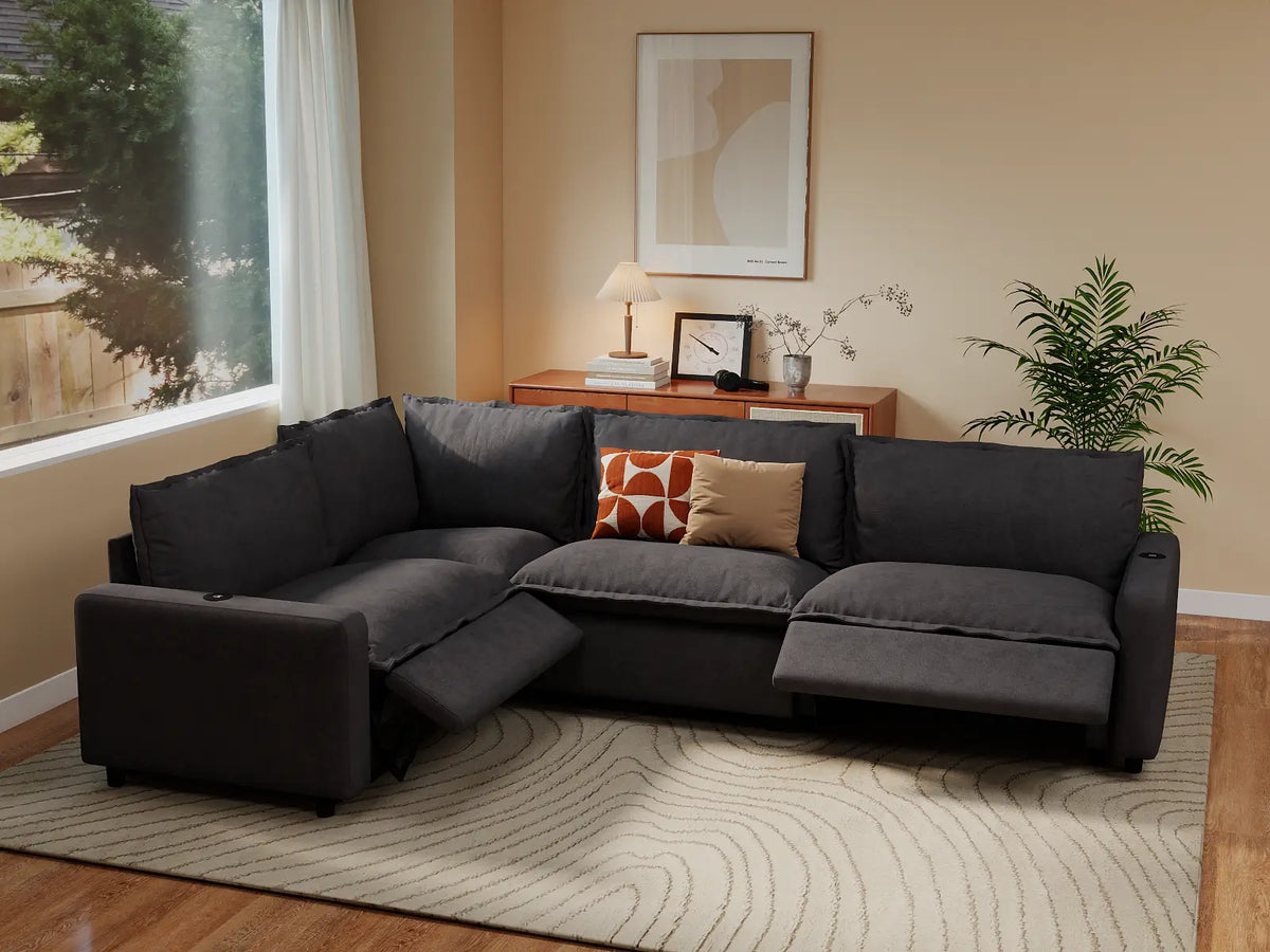 Modular Cero Reclining Sectionals | 4-Piece Grey Linen Large Space L-Shaped Sectionals 4-Seater