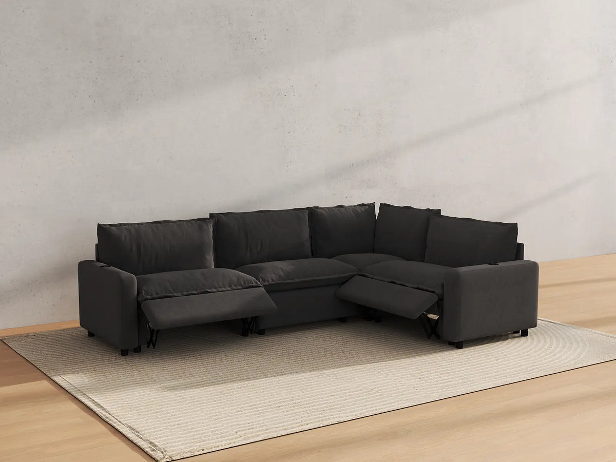 Modular Cero Reclining Sectionals | 4-Piece Grey Linen Large Space L-Shaped Sectionals 4-Seater