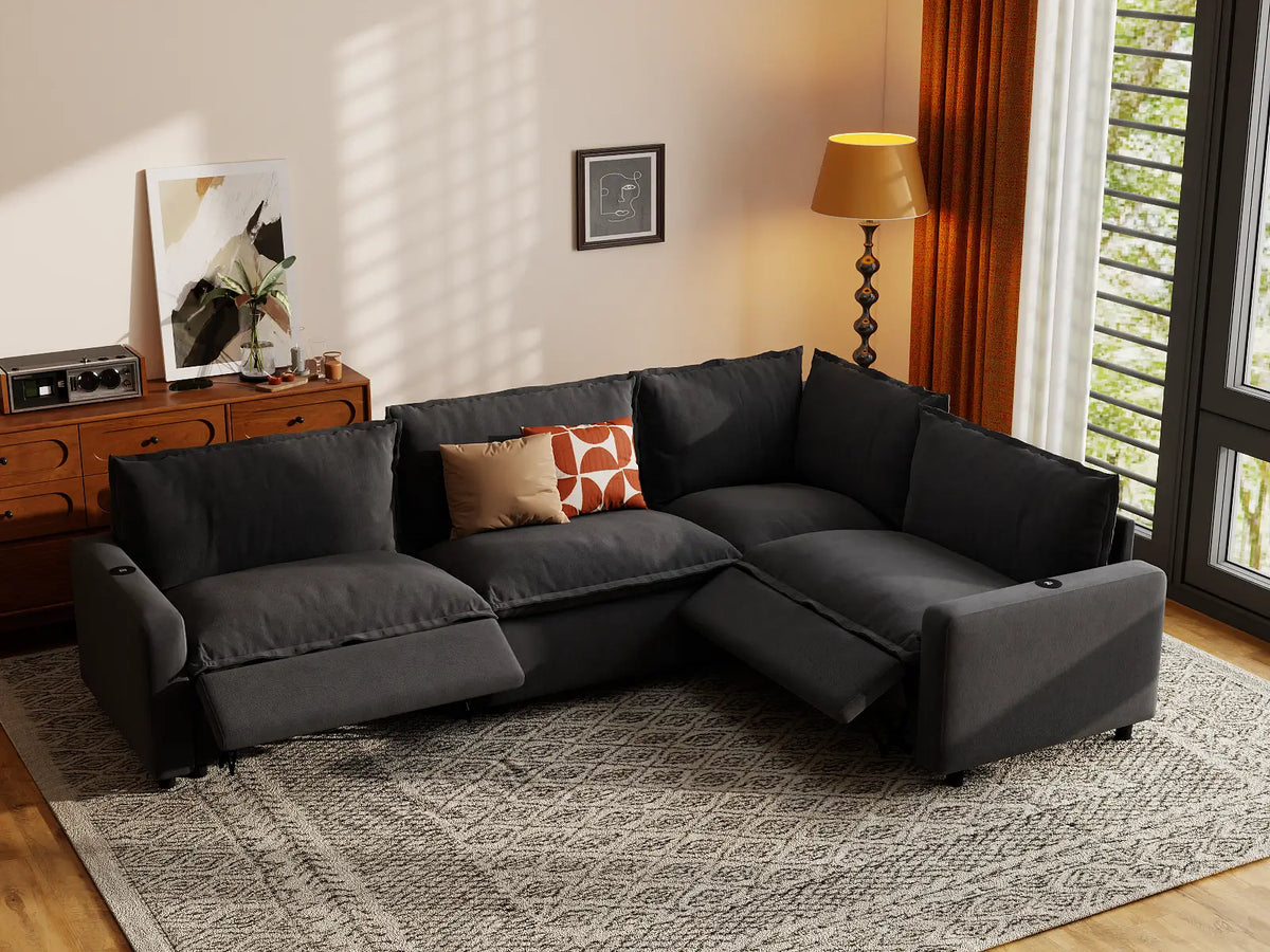 Modular Cero Reclining Sectionals | 4-Piece Grey Linen Large Space L-Shaped Sectionals 4-Seater