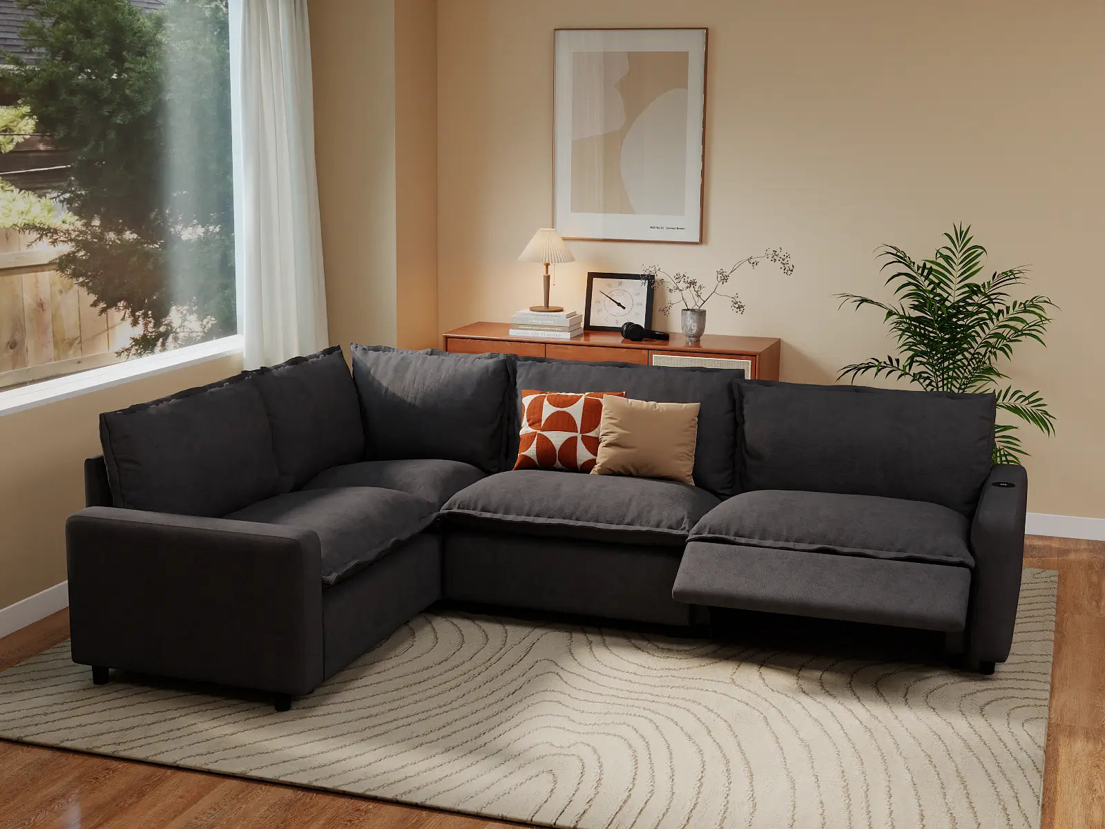 Modular Cero Reclining L Shaped Sectional | 4-Piece Grey Linen Large Space L-Shaped Sectionals 4-Seater