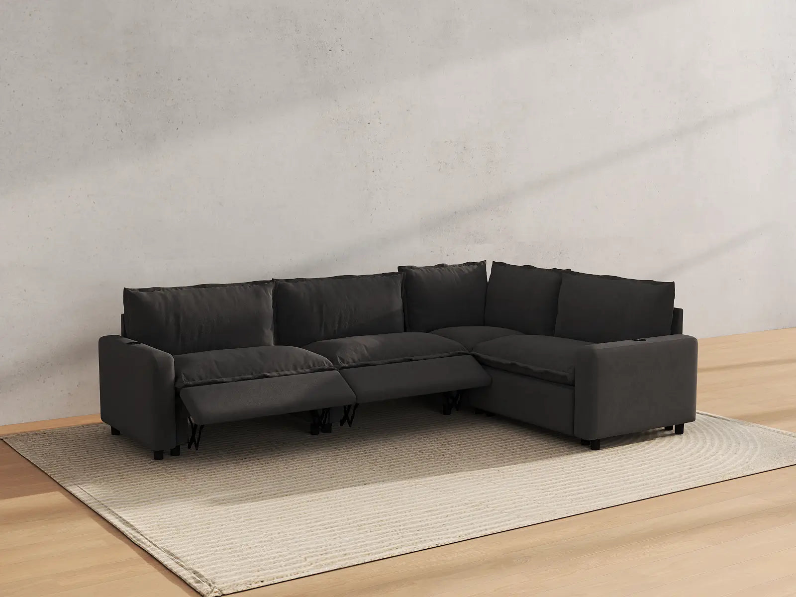 Modular Cero Reclining Sectionals | 4-Piece Grey Linen Large Space L-Shaped Sectionals 4-Seater