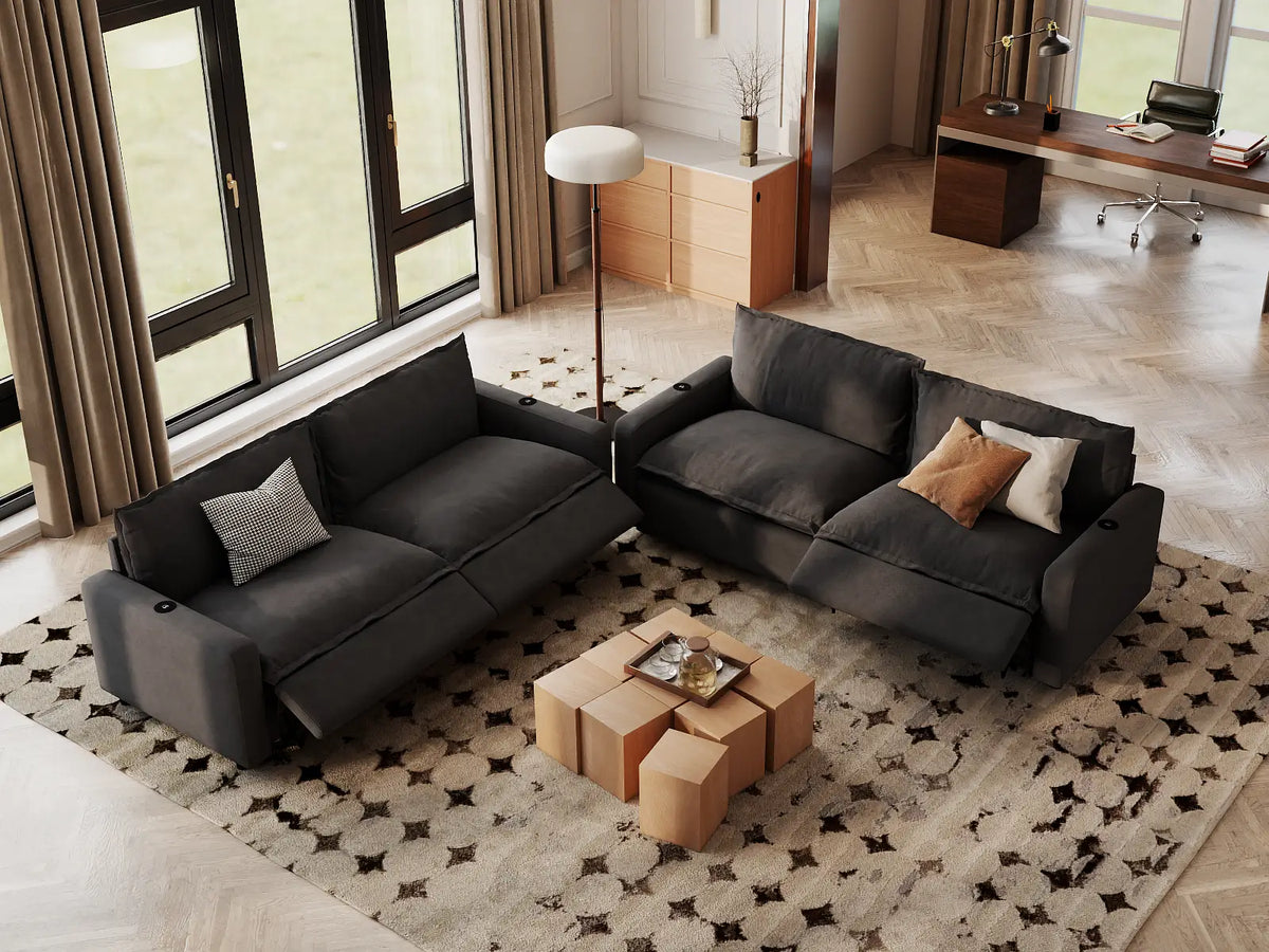 Modular Cero Reclining Sectionals | 4-Piece Grey Linen Large Space V-Shaped Sectionals 4-Seater