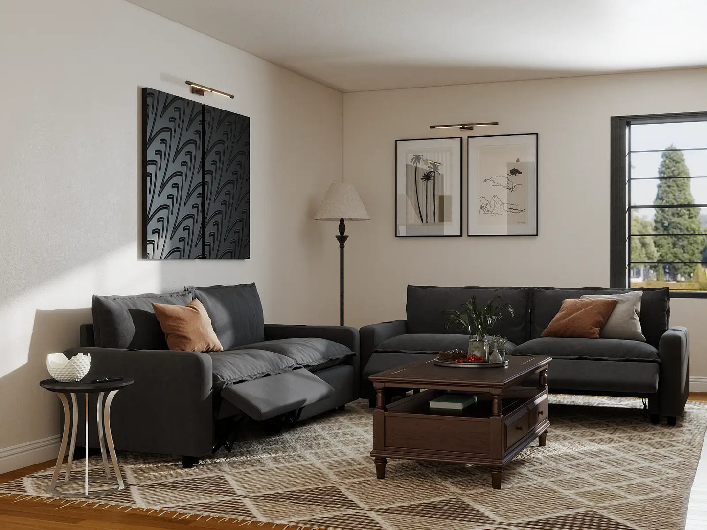 Modular Cero Reclining Sectionals | 4-Piece Grey Linen Large Space V-Shaped Sectionals 4-Seater
