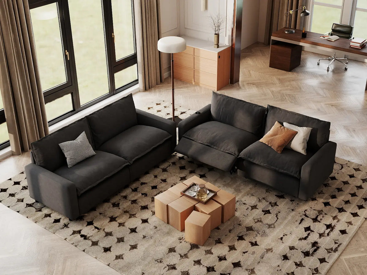 Modular Cero Reclining Sectionals | 4-Piece Grey Linen Large Space V-Shaped Sectionals 4-Seater