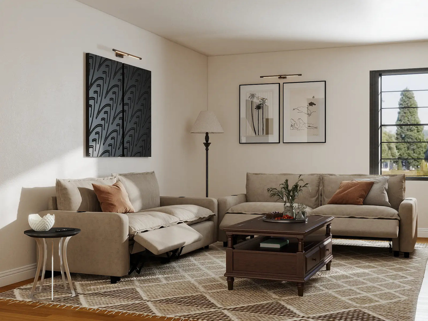 Modular Cero Reclining Sectionals | 4-Piece Khaki Linen Grand Estate V-Shaped Sectionals 4-Seater