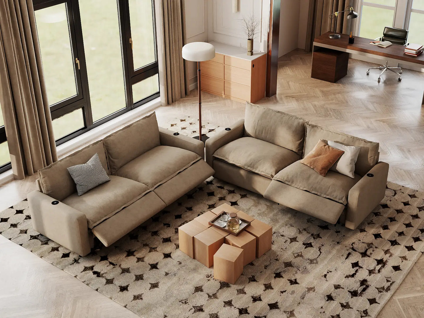 Modular Cero Reclining Sectionals | 4-Piece Khaki Linen Grand Estate V-Shaped Sectionals 4-Seater