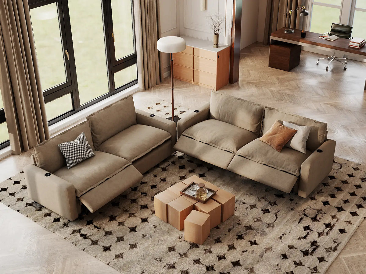 Modular Cero Reclining Sectionals | 4-Piece Khaki Linen Grand Estate V-Shaped Sectionals 4-Seater