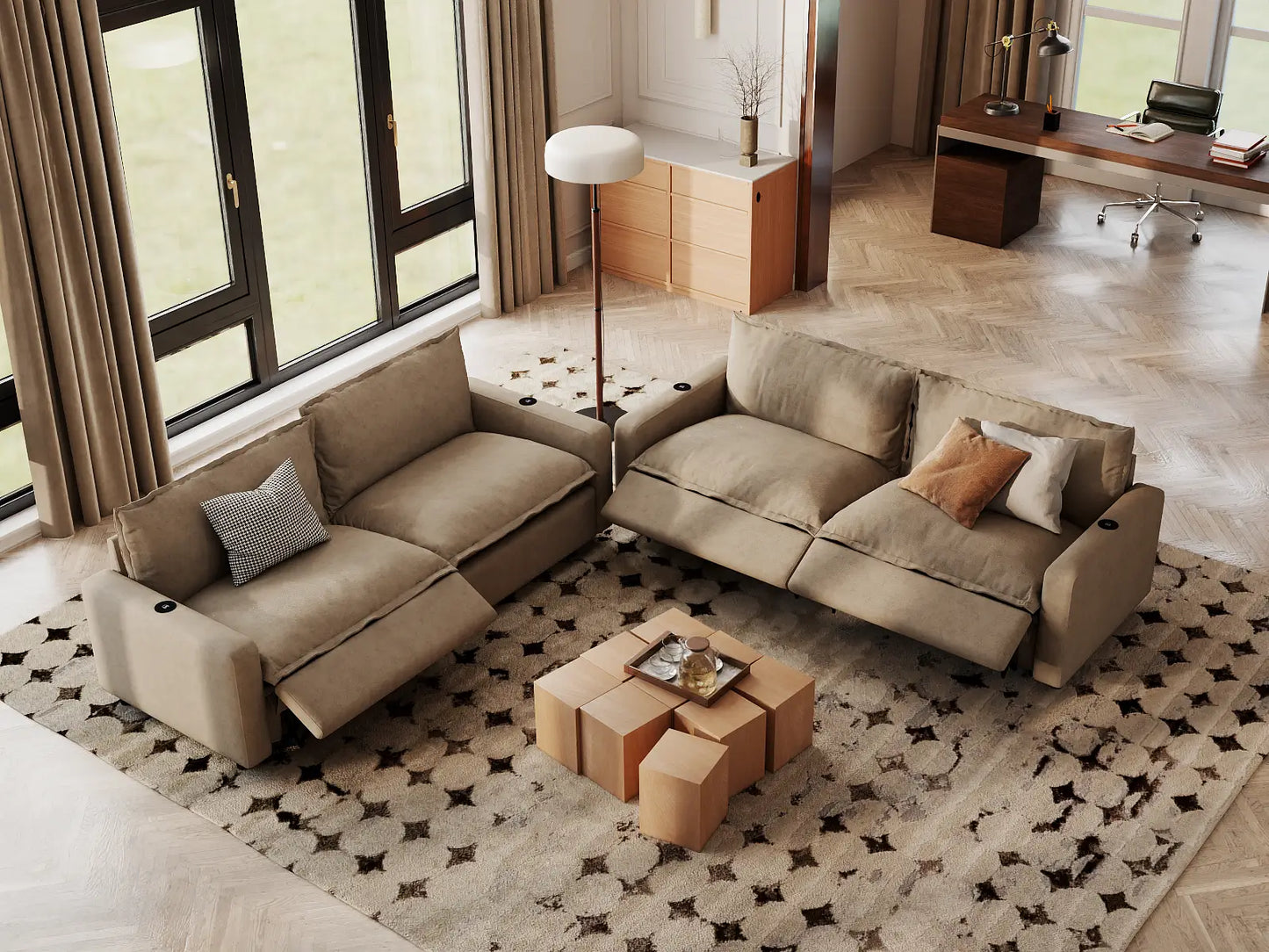 Modular Cero Reclining Sectionals | 4-Piece Khaki Linen Grand Estate V-Shaped Sectionals 4-Seater