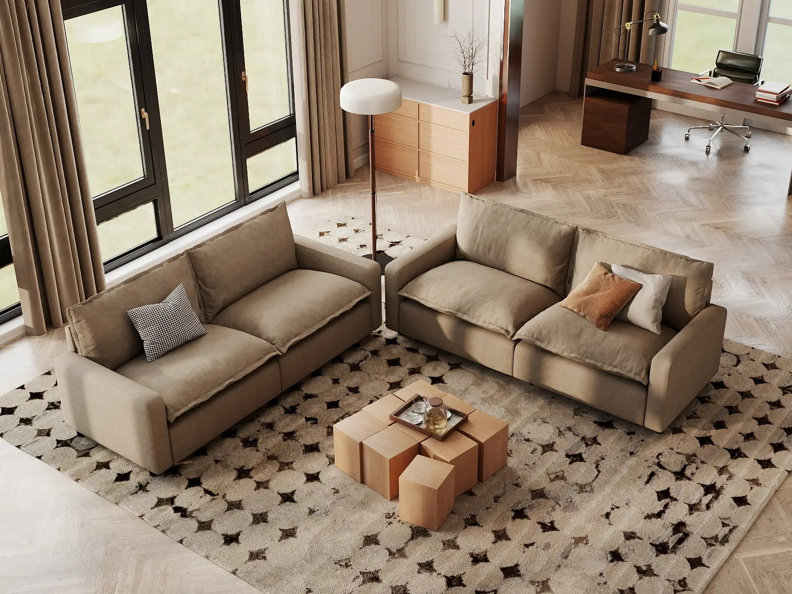 Modular Cero Modular Sectional | 4-Piece Khaki Linen Grand Estate V-Shaped Sectionals 4-Seater