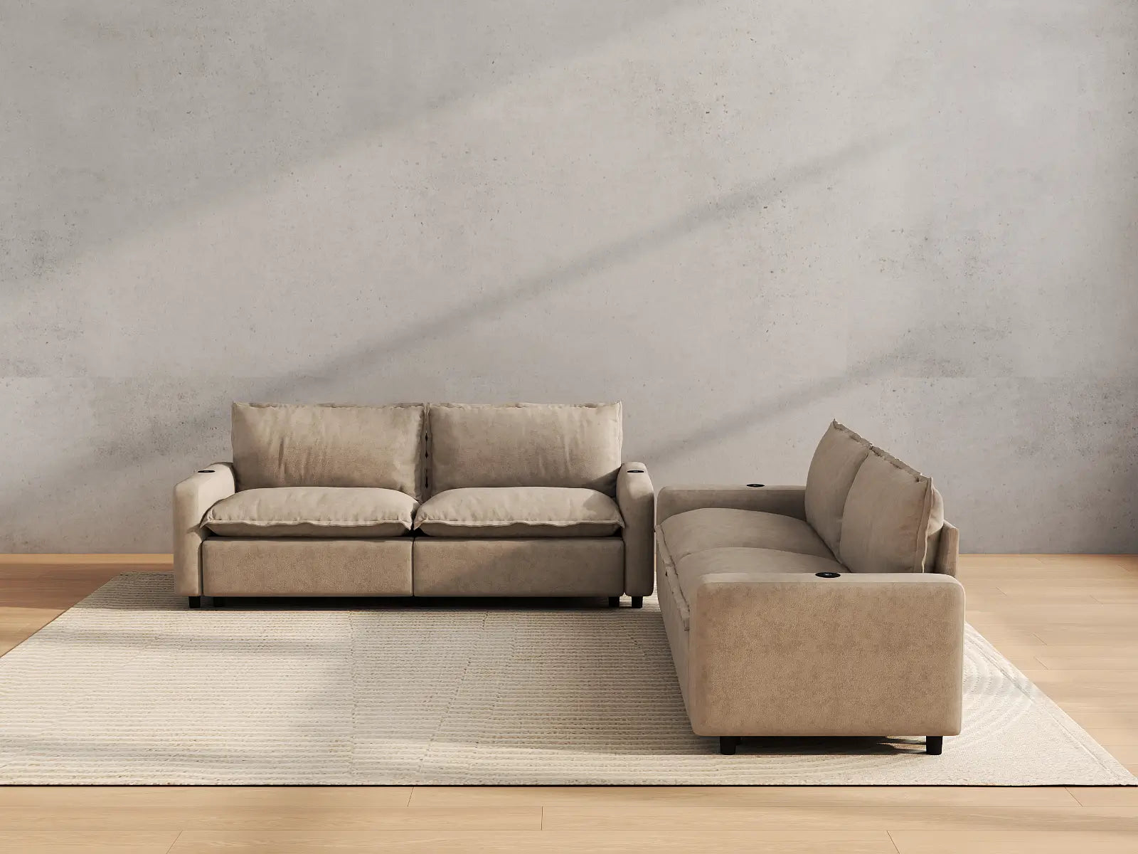Modular Cero Sectional Recliner Couch | 4-Piece Khaki Linen Grand Estate V-Shaped Sectionals 4-Seater