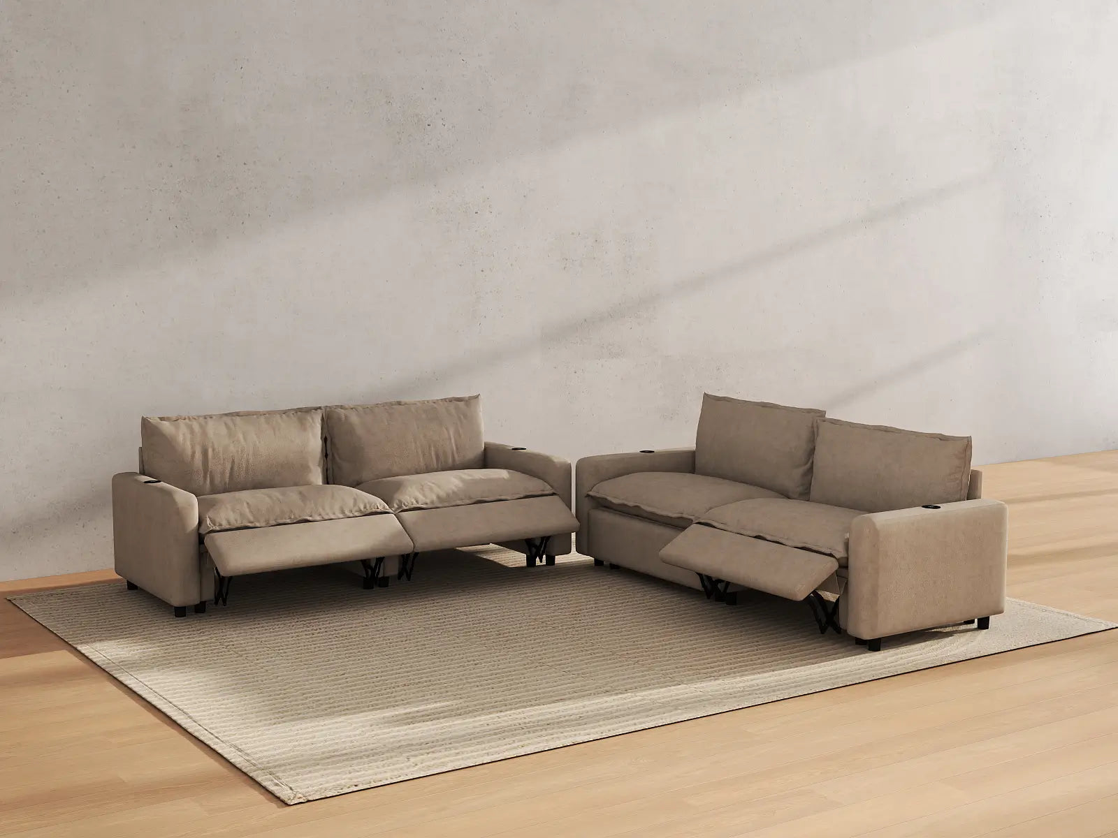 Modular Cero Sectional Recliner Couch | 4-Piece Khaki Linen Grand Estate V-Shaped Sectionals 4-Seater