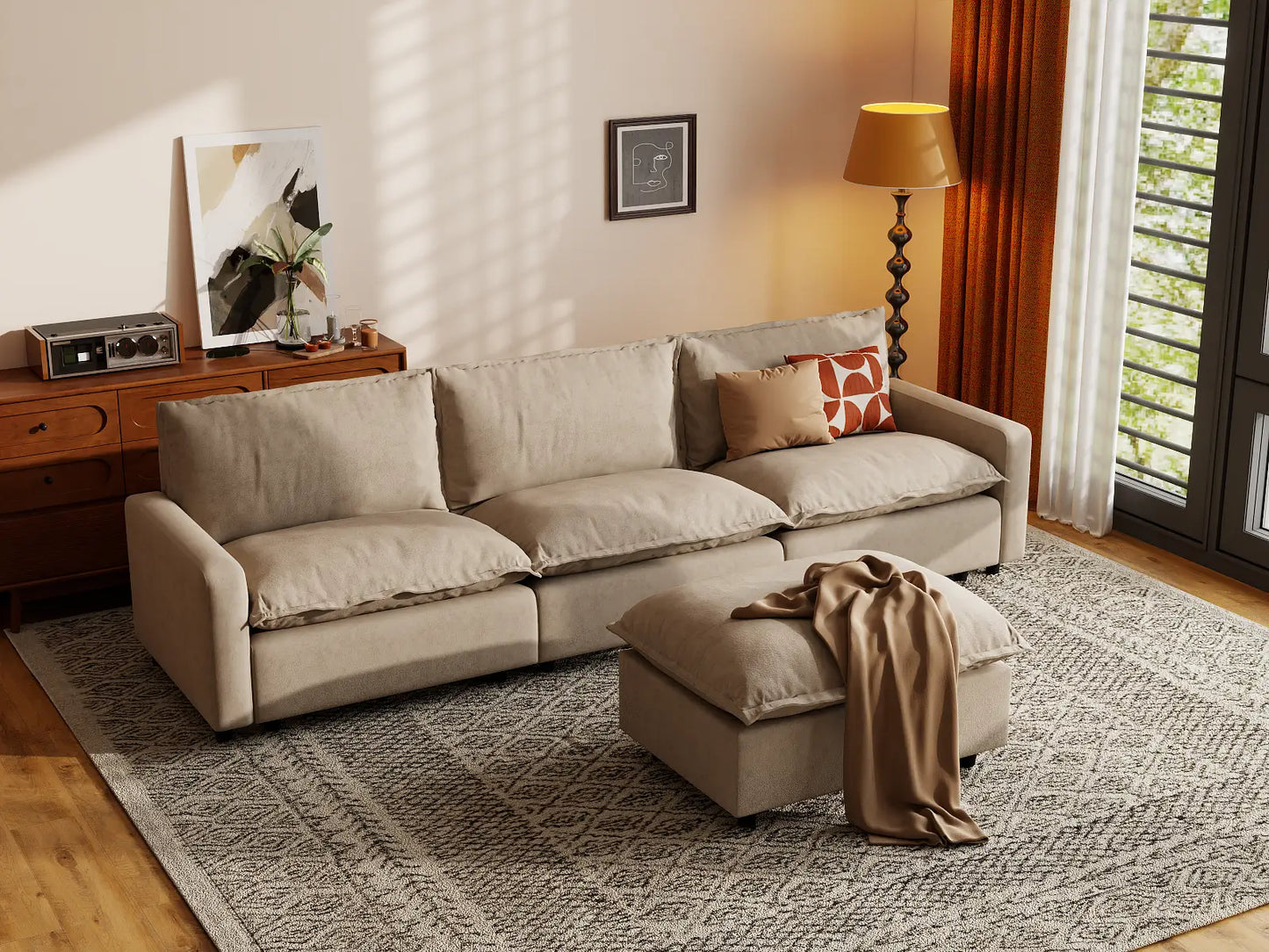 Modular Cero Modular Sectionals | 4-Piece Khaki Linen Home Living Chaise Sectionals 3-Seater with 1-Ottoman