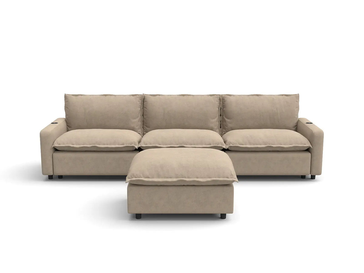 Modular Cero Reclining Sectionals | 4-Piece Khaki Linen Home Living Chaise Sectionals 3-Seater with 1-Ottoman